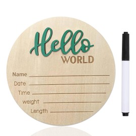 Baby Announcement Sign, ​5.9 Inch Wooden Hello World Newborn Signs, Birth Announcement Sign, Baby Shower Hospital Nursery for Newborn Boys and Girls (Green,Pen)