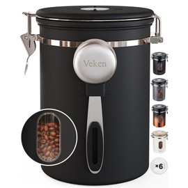 Veken Coffee Canister with Window,Airtight Stainless Steel Container,Home Kitchen Food Storage Organizers for Grounds,Beans,Espresso,Rice,Tea,Sugar,Flour, Cereal,Scoop,Bar Accessories,Gifts,22OZ,Black