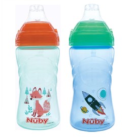 Nuby No Spill Printed Thirsty Kids No-Spill Sip-it Sport Cup with Soft Spout and Lid - 12oz / 360 ml, 12+ Months, Pack of 2, Green/Orange