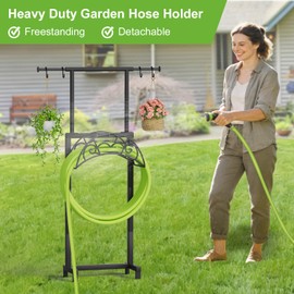 NEYCIL Garden Hose Holder with Telescopic Pole, Upgraded Heavy Duty Hose Stand Holds 150ft with 4 Spikes, Freestanding Metal Hose Storage and Hanger for Outside Yard Lawn Farm, Black