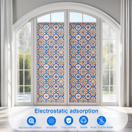 Window Privacy Film Stained Glass Decorative Window Tint for Home Room Decor Static Cling Frosted Window Film Blackout Bathroom Bedroom Car Renter Friendly(Moroccan Garden Frosted Film)