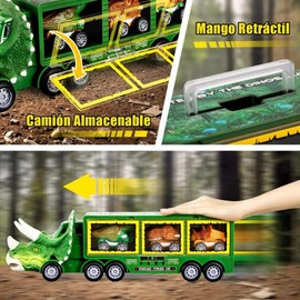Bonbell Juguete de Dinosaurio,Camión de Dinosaurios con Musica y Luces,Juguete de Coche Transportador de Dinosaurios con Toboganes, Regalos Navidad Cumpleaños (Verde)