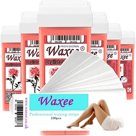 Waxee 6x 100ml roll-on wax roller wax cartridge refill + 100 waxing strips from UK brand Waxee! (Pink)