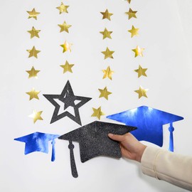 Cheerland Glitter Royal Blue Gold 2021 Graduation Party Decoration Kit Black Cap Decor Shiny Congrats Grad Banner Star Hat Garland Streamer Banner Backdrop Background for Ceiling Home Classroom