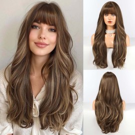 HAIRCUBE Long Brown with Blonde Highlight Wig with Bangs Layered Curly Wigs for Women Natural Synthetic Wigs for Daily Use (pelucas de cabello natural)