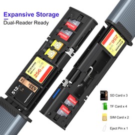9-in-1 SD/TF Card Reader and Storage Case with USB-C Cable & Lighting/USB A Adapter - Portable Memory Card Holder for Cameras, Phones, Computers, and Drones, Includes LED Light