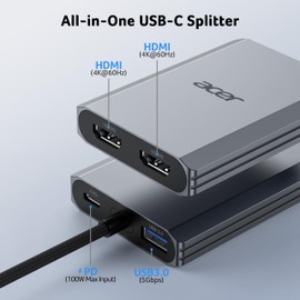 Acer USB-C to Dual HDMI Adapter 4K@60Hz, USB C Hub Multiport Adapter with 2 HDMI, 100W PD, USB 3.0, Type-C Converter for Dual Monitors, Compatible with Acer Nitro, MacBook Air/Pro, Dell XPS, Surface