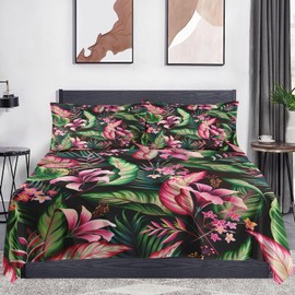 WeCozy 4 Pieces Queen Size Bed Sheet Sets with Pillowcases, Tropical Leaves Flower Hibiscus Soft Microfiber Bedding for Kids and Adults, Flat, Fitted Sheet for Bedroom Bed Decor