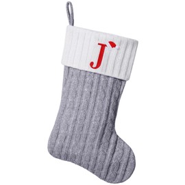 Yehnois 19.5-inch Grey Knit Monogram Christmas Stockings.Personalized Initial Christmas Stocking, Family Holiday Xmas Party Decor,Letter J