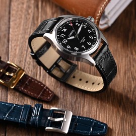 Anbeer 20mm Italian Alligator Grain Embossed Pattern Leather Watch Strap,Quick Release Calfskin Replacement Watch Band for Men Women,Black with Silver Buckle