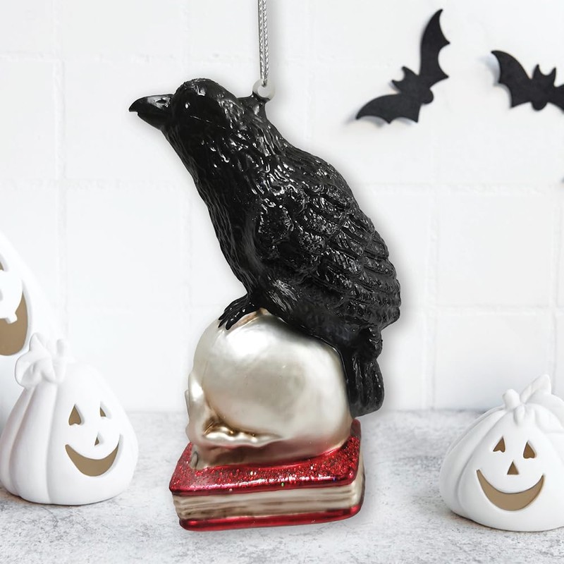 Raven on Skull and Book Glass Ornament, Horror Edgar Allan