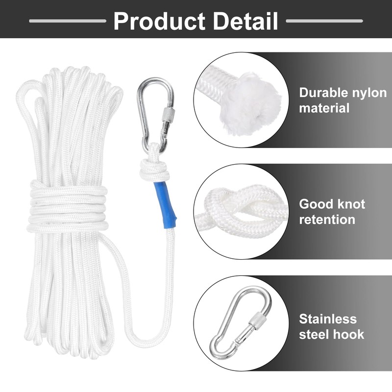 Rebower Nylon Anchor Rope with Hook,5/16"x49ft Hollow Braided Polypropylene Rope