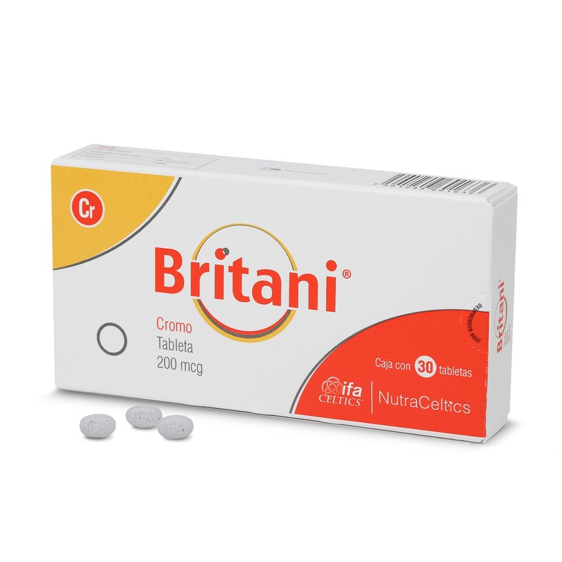 Britani Polinicotinato de cromo 2 mg. Caja con 30 tabletas.