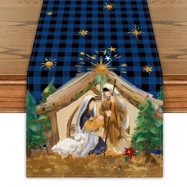 Christmas Table Runner Holy Nativity Tablecover Religious Scene Decor Christmas