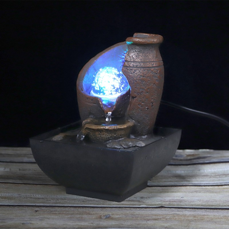 Desktop Fountain Flowing Water Decoration Ornament with LED Light Decor