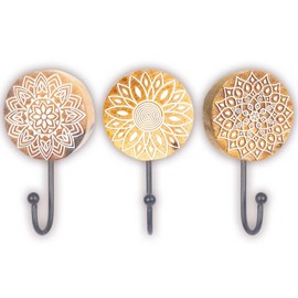 Mandala Life ART Boho Style Decorative Coat Hooks - 3 Pack - Natural Raw Mango Wood - Hand Carved Wooden Stamps with Metal Hooks for Coats, Towels, Keys, Clothes