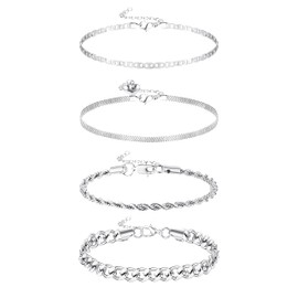 HANPABUM 4 PCS Stainless Steel Chain Anklet for Women Silver Dainty Boho Tennis Ankle Bracelets Set Layered Link Paperclip Chain Anklet Adjustable Summer Beach Foot Jewelry