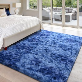 Hutha 4x6 Large Area Rugs for Living Room, Super Soft Fluffy Modern Bedroom Rug, Tie-Dyed Navy Blue Indoor Shag Fuzzy Carpets for Girls Kids Nursery Room Home Decor