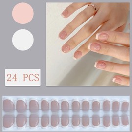 White French Tip Press Nails Short Square False Nails Simple French Shiny Nude Full Cover Nails Women Girls Nail Art Decoration 24pcs
