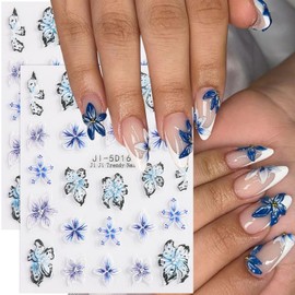 Flower Nail Stickers for Nails Art Self-Adhesive Blue Flowers Nail Decals Spring Summer Flower Nails Designs Decoration Supplies Kit Sticker for Women and Girls DIY Charms