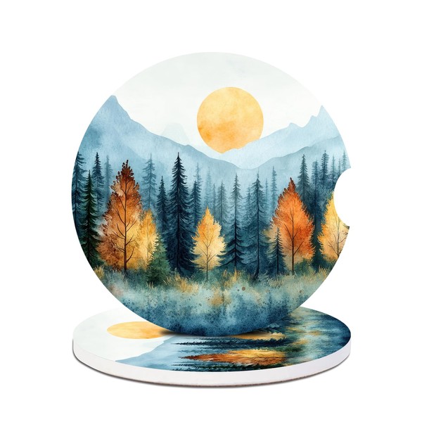 2 Pack Car Cup Holder Coaster-Abstract Mountain Forest Absorbent Ceramic