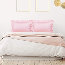 sourcing map Luxury Satin Oxford Pillowcases, Pair of 2 Pink Ruffled Pillow Shams 20 x 36 inch with Envelope Closure, King Size Pillow Cases Covers
