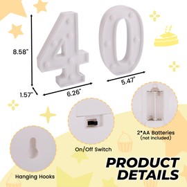 40th Birthday Decoration Light Up Letters, Battery Powered LED Numbers Marquee Number Sign for 40th Party Home Decor Night Light