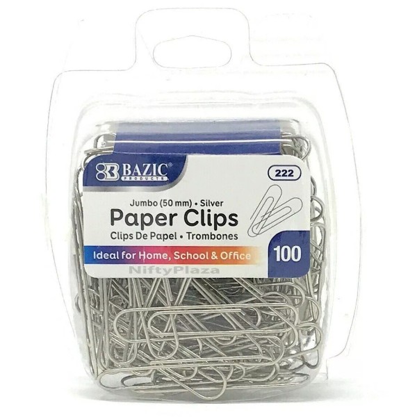 BAZIC 100 Large Jumbo Paper Clips 50mm Silver Smooth Finish