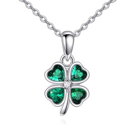 URONE Four Leaf Clover Necklace 925 Sterling Silver Green 4 Leaf Lucky Clover Pendant Chain Necklace Good Luck Four Leaf Clover Jewellery Gifts for Women