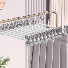 Trouser Hangers - 10 Pack Skirt Hangers with Adjustable Non Slip Clips Strong Chrome Clothes Hangers - Space Saving Pant Hangers (White)