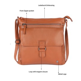 LEDERBUCK Shirley Large Soft Real Leather Crossbody handbag-Triple Zip Premium Sling Crossover Shoulder Bag for Women (Cognac)