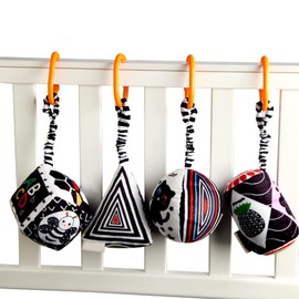 KAKIBLIN Baby Hanging Rattle Toys, 4 Pack Black and White Car Seat Baby Toys Soft Squeaky Stroller Toy for Babies Montessori Sensory Toy 0-12 Months for Newborn Infant, White and Black