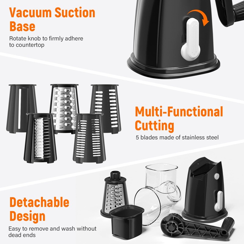 Rotary Cheese Grater Hand Crank with 5 Interchangeable Blades, Vegetable