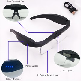 Lupe mit Licht USB Aufladbar 4X 3X 2X 1.25x 0.75x, Led Kopflupe für BrillenträGer mit Band, Lupenbrille Uhrmacherlupe Hände Frei, Leselupe für Senioren Groß, Lupen Brillenlupe