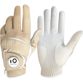 FINGER TEN Golf Gloves Men's Golf Gloves Left Right Leather Glove Value 1 2 Pieces Not Pair Golf Glove Left Right with Ball Marker All-Weather Grip (1 Piece Khaki, ML, Left)