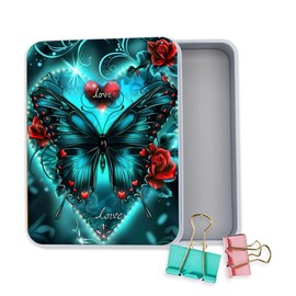 KUJKBFWJ Metal Tin Box with 2 Paper Clamp, Multi Function Tinplate Box Container, Cute Mini Portable Small Iron Storage Container with Lid for Home Storage, 7.1 x 4.7 IN, Love Butterfly Rose