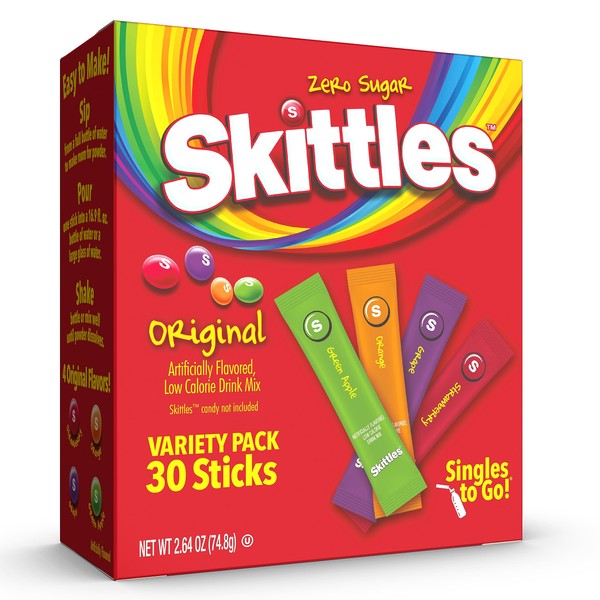 Skittles Singles To Go Variety Pack, Powdered Drink Mix, Zero Sugar, Low Calorie, Includes 4 Flavors: Green Apple, Strawberry, Grape, Orange, 1 Box (30 Single Servings)