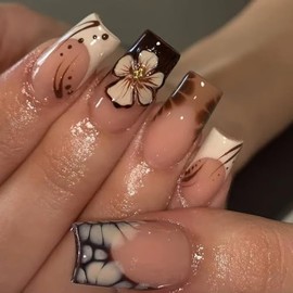 Uñas Postizas Francesas De Presión, Tamaño Mediano, Cuadradas, Brillantes, Con Estampado De Leopardo Marrón Otoñal, Forma De Ataúd, Con Lindas Flores 