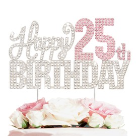 Nelbiirth Decoración para tartas con diamantes de imitación plateados y rosados de Feliz 25 cumpleaños, letrero decorativo para tartas con texto en inglés «Cheers to 25 Years»