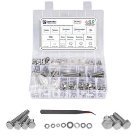 Nuts and Bolts Assortment Kit, 262 Pcs 304 Stainless Steel Bolts and Nuts Kit, A2 Hex Head Nut and Bolt Set #1/4-20, #5/16-18, #3/8-16, with Flat and Lock Washers