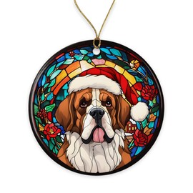 NMPCreativeStore St Bernard Santa Hat Stained Glass Ornament - Xmas Ornament Gift for Dog Lovers - St Bernard Merry Christmas - Love Pets Gift - Christmas Ceramic Ornament Printed on Both Sides