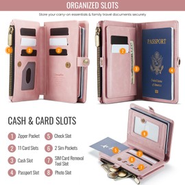 Passport Holder Wallet, RFID Blocking Travel Organizer with 12 Card Slots, Zippered Coin Pocket & Detachable Wrist Strap Secure Magnetic Closure Passport Case for Men & Women (Pink)
