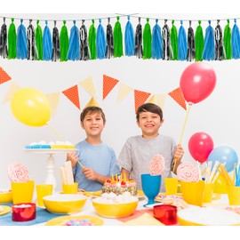 DOUSUI Blue Silver and Green 15 Pieces Paper Tassel Garland Banner Tissue Tassel DIY Hanging Paper Decoration