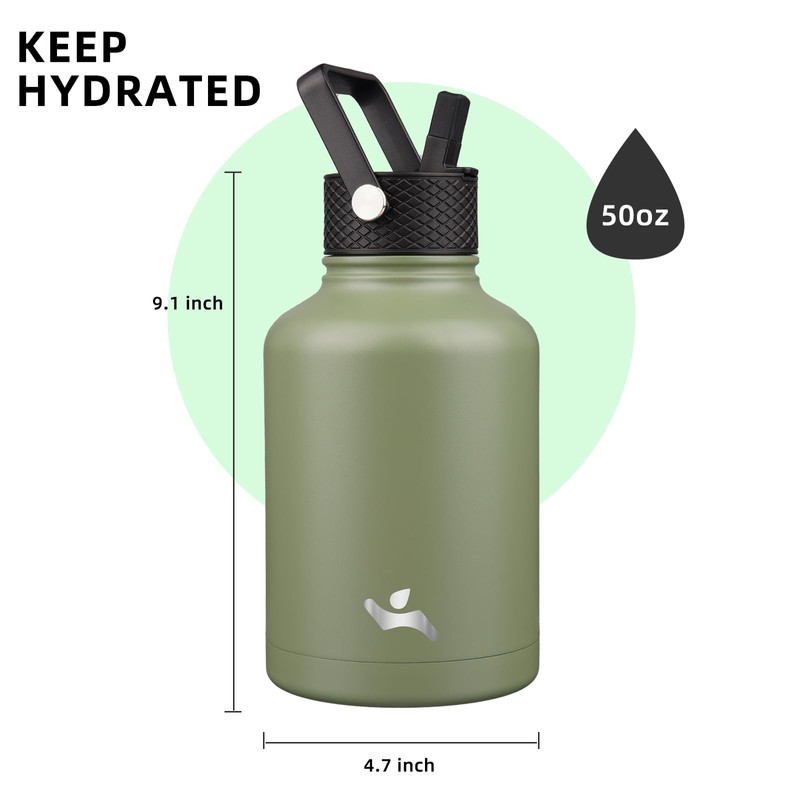 Konokyo Insulated Water Bottle with Straw,50 oz 3 Lids Water