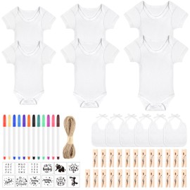 BOUBONI 60 Pcs DIY Baby Bibs Bodysuit Set Baby Shower Game 6 White Baby Bibs 6 White Newborn Bodysuit 12 Fabric Markers 12 Stencils 23 Clothespins 1 Hemp Rope for Baby Shower Boys Girls