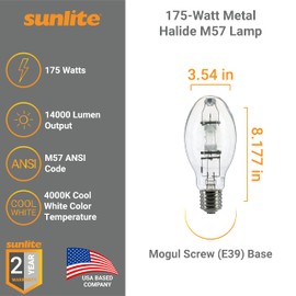 Sunlite 03656 MH175/U/MOG M57 Metal Halide Lamp, 175 Watts, Mogul Base (E39), ED28, 10,000 Hour Life Span, 14000 Lumen, Clear Finish, 4000K