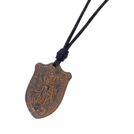 The Archangel Saint Michael Gold Necklace - Men Gifts, Catholic Jewelry, Mens Protector, Fighter Against Evil, Sacred and Immaculate Heart, Father Christmas Gift (Rustic Brown)