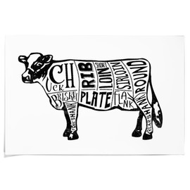 Lantern Press 36x54 Inch Giclee Print, Beef, Butchers Block Meat Cuts, Black Cow on White