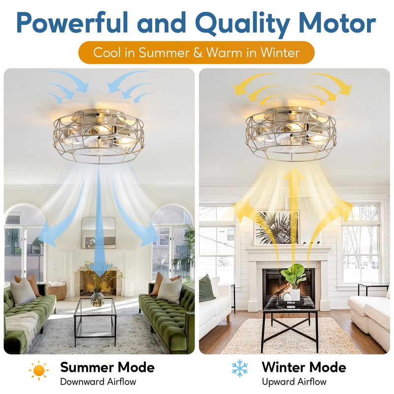 Brushed Nickel Caged Ceiling Fans with Lights and Remote,6 Speeds,12