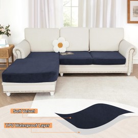 NAISI Waterproof Couch Cushion Covers Thick Velvet Fabric Washable Sofa Slipcovers Sectional Couch Covers for 3 Pieces Separate L Shape Couch Cover with Elastic Bottom(2 Seater + 1 Chaise,Navy)